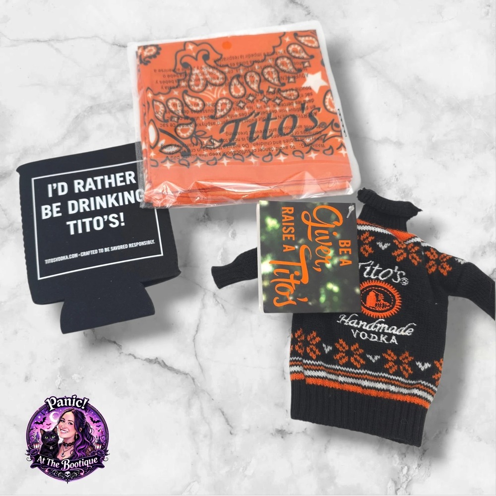 Tito's Vodka Accessory Set Orange Black‎ Koozie Bandana Bottle Sweater Paisley